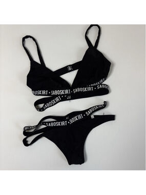 Sabo Skirt Bikini Set Black Logo Band Triangle Top High Cut Bottom SZ Small Swim